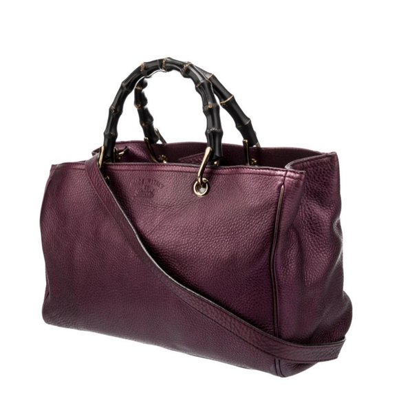 Gucci Purple Leather Shopper Tote Bamboo Handle Gold Hardware Vintage Branding - Picture 2 of 6